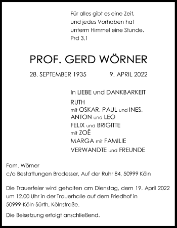 Anzeige von Gerd Wörner von Kölner Stadt-Anzeiger / Kölnische Rundschau / Express