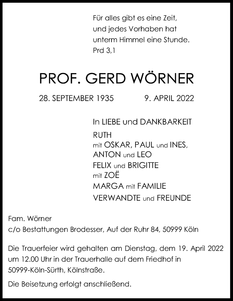  Traueranzeige für Gerd Wörner vom 16.04.2022 aus Kölner Stadt-Anzeiger / Kölnische Rundschau / Express
