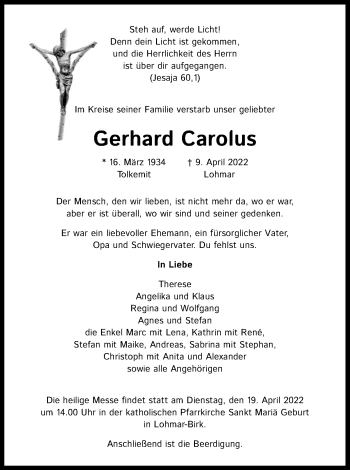 Anzeige von Gerhard Carolus von Kölner Stadt-Anzeiger / Kölnische Rundschau / Express