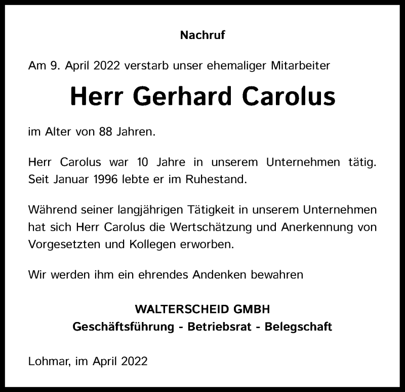 Traueranzeige für Gerhard Carolus vom 27.04.2022 aus Kölner Stadt-Anzeiger / Kölnische Rundschau / Express