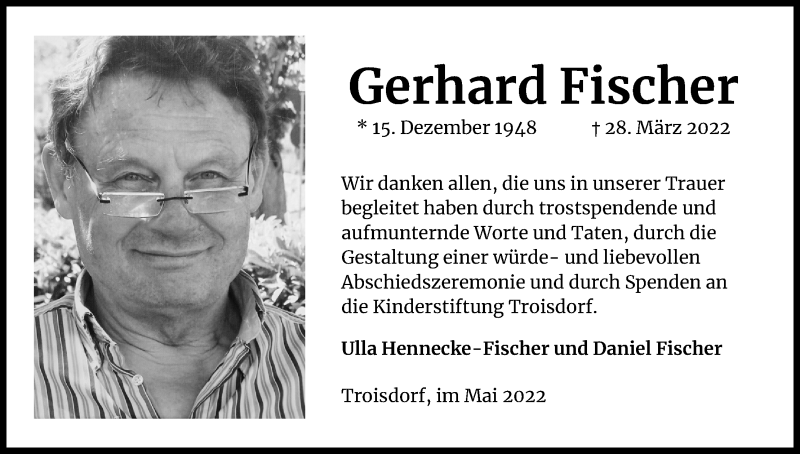  Traueranzeige für Gerhard Fischer vom 30.04.2022 aus Kölner Stadt-Anzeiger / Kölnische Rundschau / Express