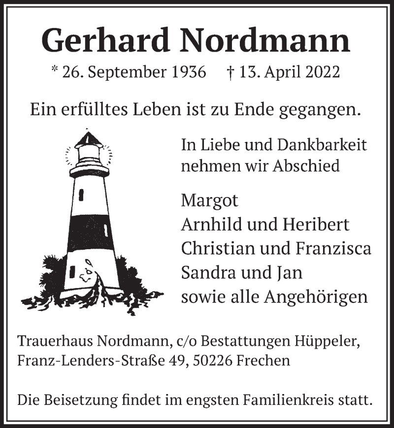  Traueranzeige für Gerhard Nordmann vom 22.04.2022 aus  Wochenende  EXPRESS - Die Woche 