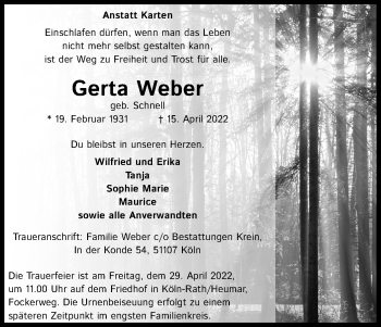 Anzeige von Gerta Weber von Kölner Stadt-Anzeiger / Kölnische Rundschau / Express