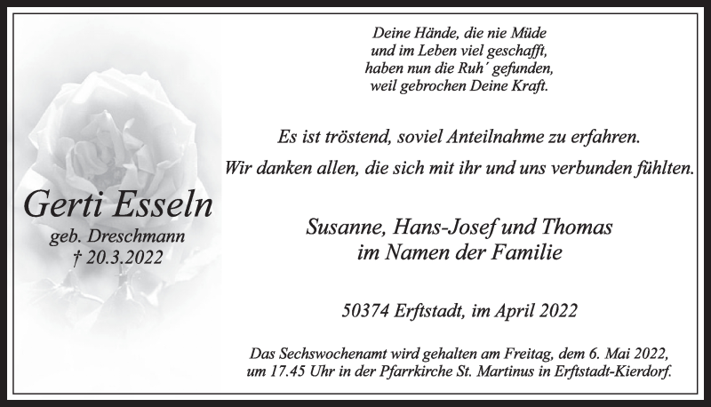  Traueranzeige für Gerti Esseln vom 29.04.2022 aus  Werbepost 