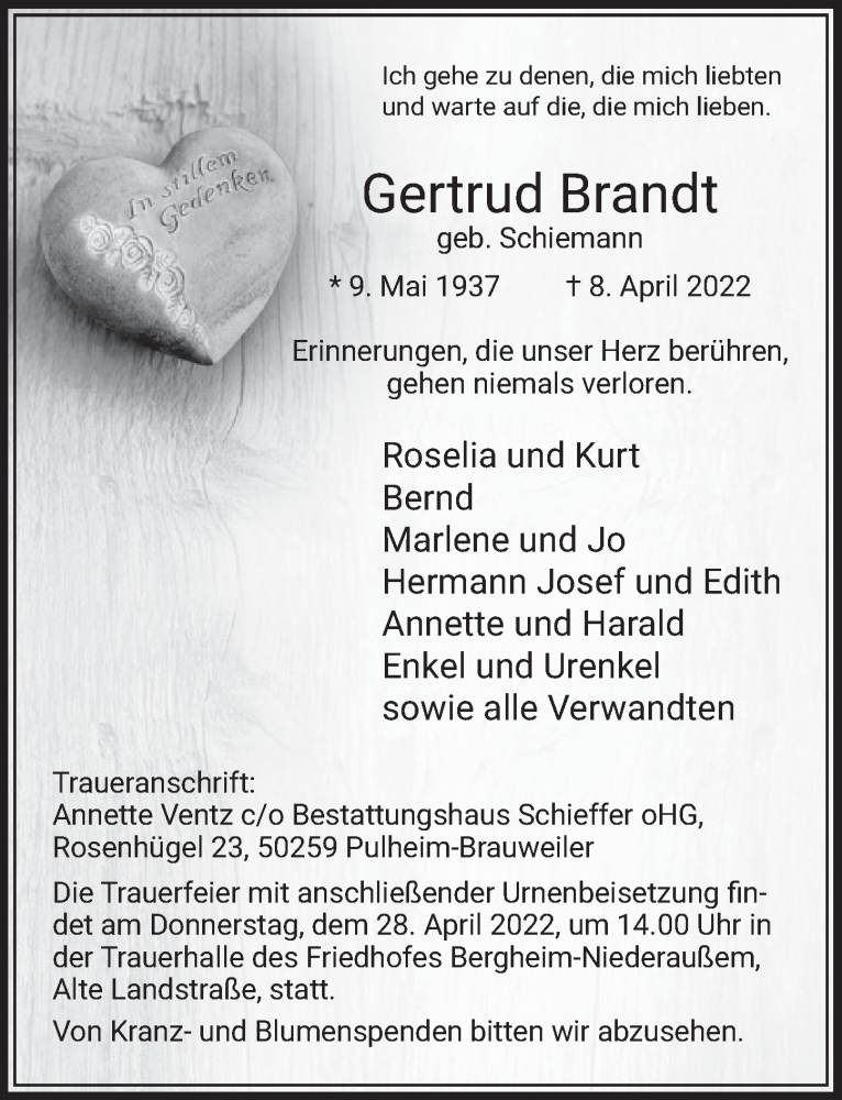  Traueranzeige für Gertrud Brandt vom 22.04.2022 aus  Werbepost 
