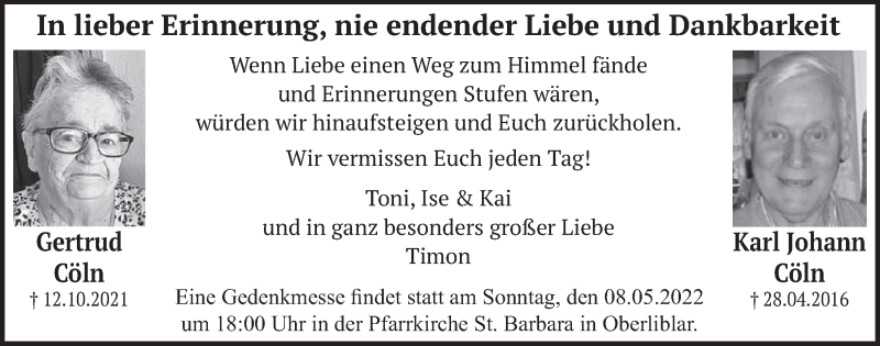  Traueranzeige für Gertrud Cöln vom 29.04.2022 aus  Werbepost 