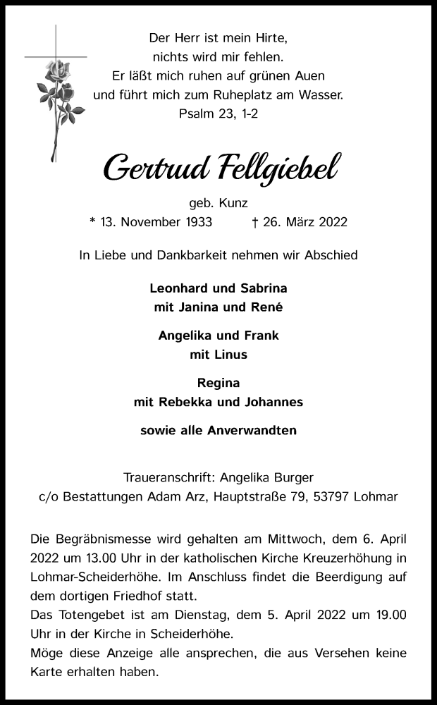  Traueranzeige für Gertrud Fellgiebel vom 02.04.2022 aus Kölner Stadt-Anzeiger / Kölnische Rundschau / Express