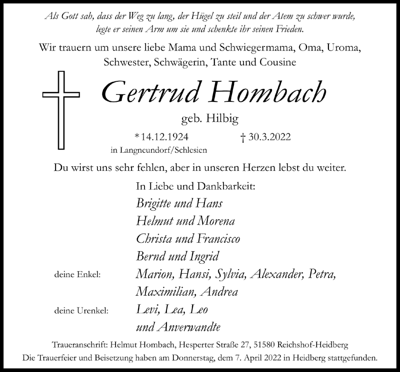  Traueranzeige für Gertrud Hombach vom 08.04.2022 aus  Anzeigen Echo  Lokalanzeiger 