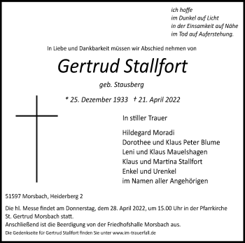 Anzeige von Gertrud Stallfort von Kölner Stadt-Anzeiger / Kölnische Rundschau / Express
