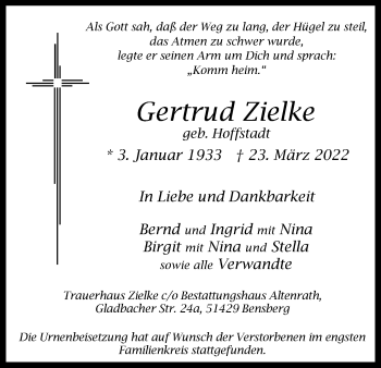 Anzeige von Gertrud Zielke von Kölner Stadt-Anzeiger / Kölnische Rundschau / Express