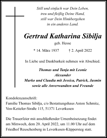 Anzeige von Gertrud Katharina Sibilja von Kölner Stadt-Anzeiger / Kölnische Rundschau / Express