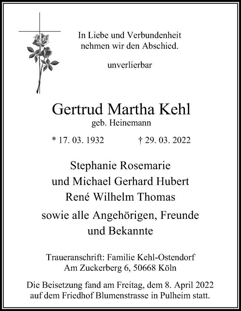  Traueranzeige für Gertrud Martha Kehl vom 09.04.2022 aus Kölner Stadt-Anzeiger / Kölnische Rundschau / Express