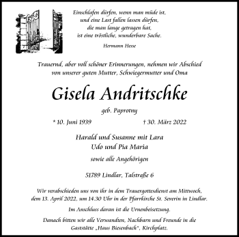 Anzeige von Gisefa Andritschke von Kölner Stadt-Anzeiger / Kölnische Rundschau / Express