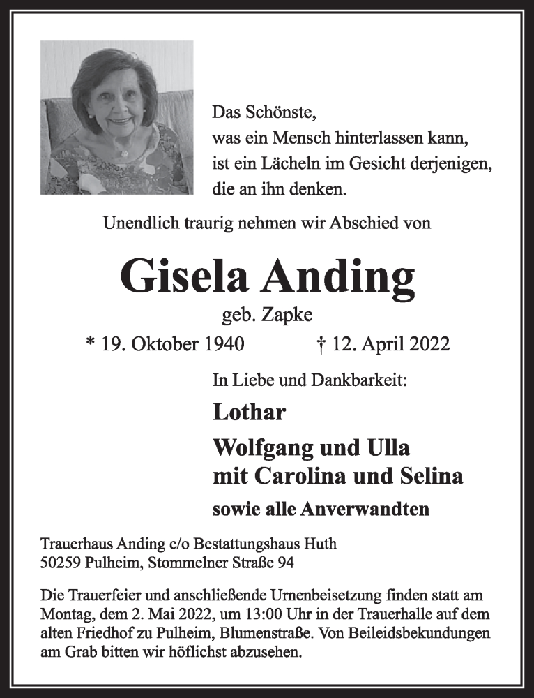  Traueranzeige für Gisela Anding vom 22.04.2022 aus  Wochenende 