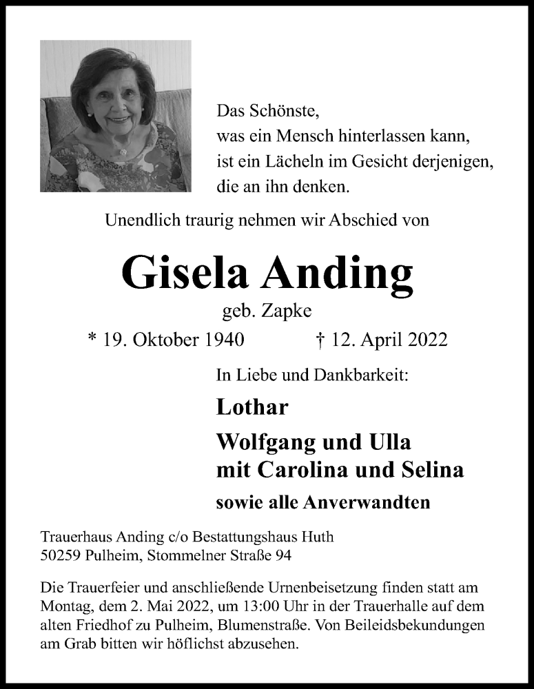  Traueranzeige für Gisela Anding vom 23.04.2022 aus Kölner Stadt-Anzeiger / Kölnische Rundschau / Express