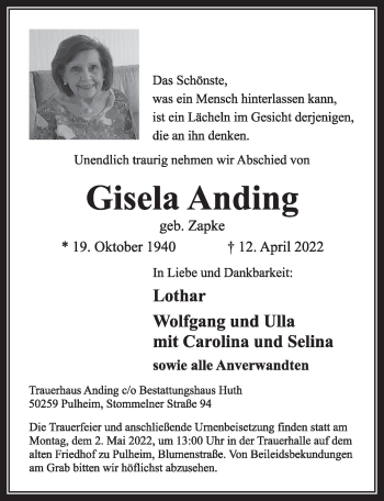Anzeige von Gisela Anding von  Wochenende 