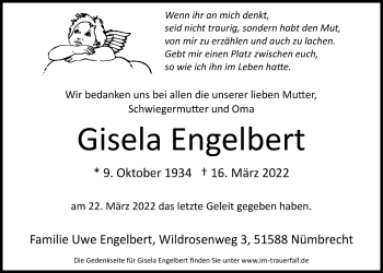 Anzeige von Gisela Engelbert von  Lokalanzeiger 