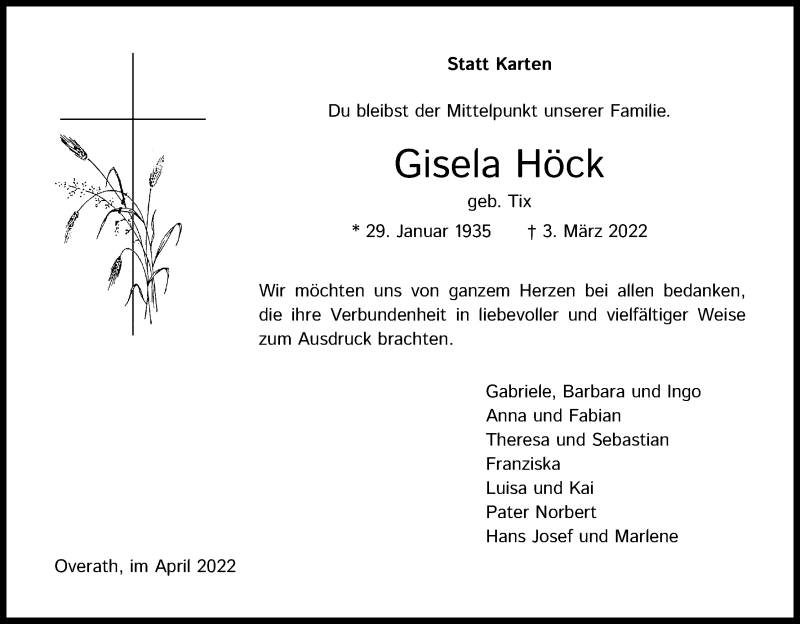  Traueranzeige für Gisela Höck vom 16.04.2022 aus Kölner Stadt-Anzeiger / Kölnische Rundschau / Express