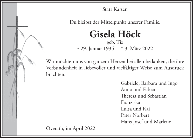  Traueranzeige für Gisela Höck vom 14.04.2022 aus  Bergisches Handelsblatt 