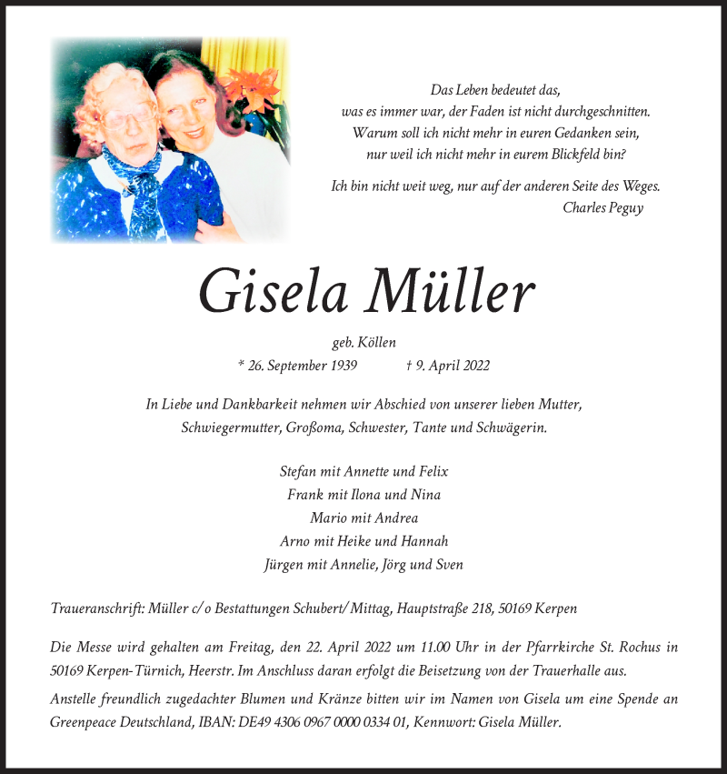  Traueranzeige für Gisela Müller vom 16.04.2022 aus Kölner Stadt-Anzeiger / Kölnische Rundschau / Express