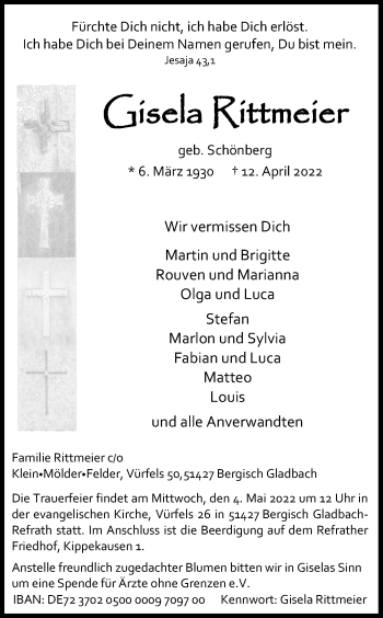 Anzeige von Gisela Rittmeier von Kölner Stadt-Anzeiger / Kölnische Rundschau / Express
