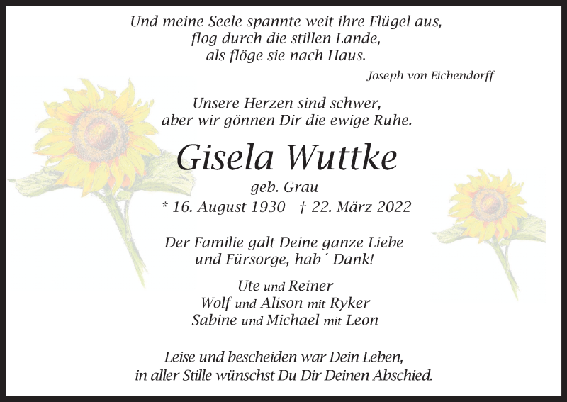  Traueranzeige für Gisela Wuttke vom 02.04.2022 aus Kölner Stadt-Anzeiger / Kölnische Rundschau / Express