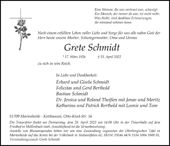Anzeige von Grete Schmidt von  Anzeigen Echo 