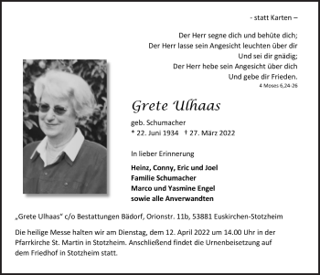 Anzeige von Grete Ulhaas von  Blickpunkt Euskirchen 