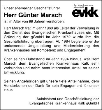 Anzeige von Günter Marsch von Kölner Stadt-Anzeiger / Kölnische Rundschau / Express