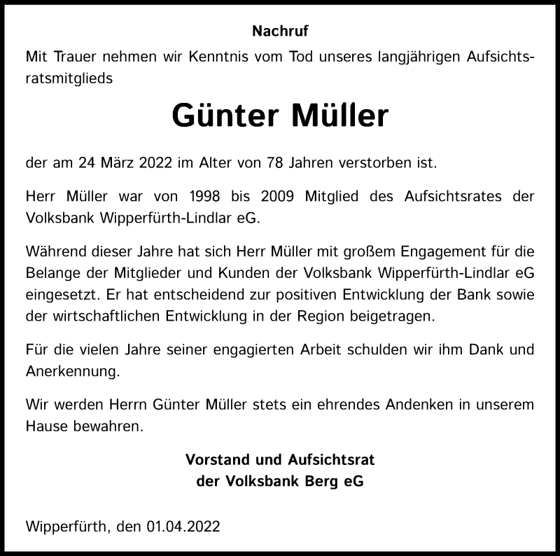  Traueranzeige für Günter Müller vom 02.04.2022 aus Kölner Stadt-Anzeiger / Kölnische Rundschau / Express