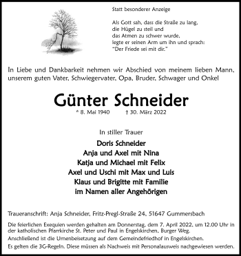 Anzeige von Günter Schneider von Kölner Stadt-Anzeiger / Kölnische Rundschau / Express