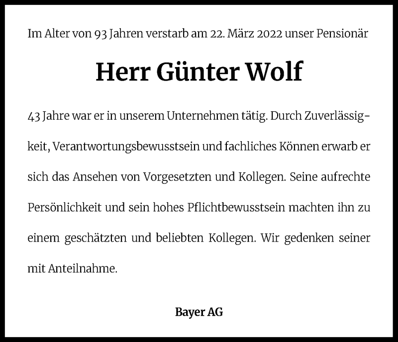  Traueranzeige für Günter Wolf vom 16.04.2022 aus Kölner Stadt-Anzeiger / Kölnische Rundschau / Express