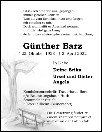 Anzeige von Günther Barz von Kölner Stadt-Anzeiger / Kölnische Rundschau / Express