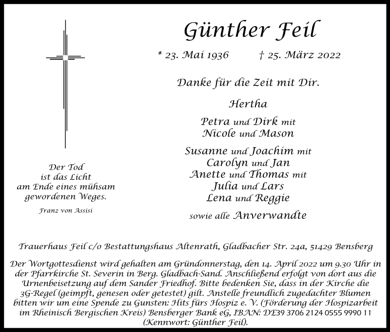  Traueranzeige für Günther Feil vom 09.04.2022 aus Kölner Stadt-Anzeiger / Kölnische Rundschau / Express