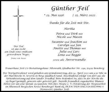 Anzeige von Günther Feil von Kölner Stadt-Anzeiger / Kölnische Rundschau / Express