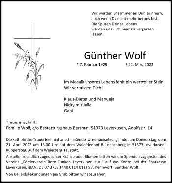 Anzeige von Günther Wolf von Kölner Stadt-Anzeiger / Kölnische Rundschau / Express