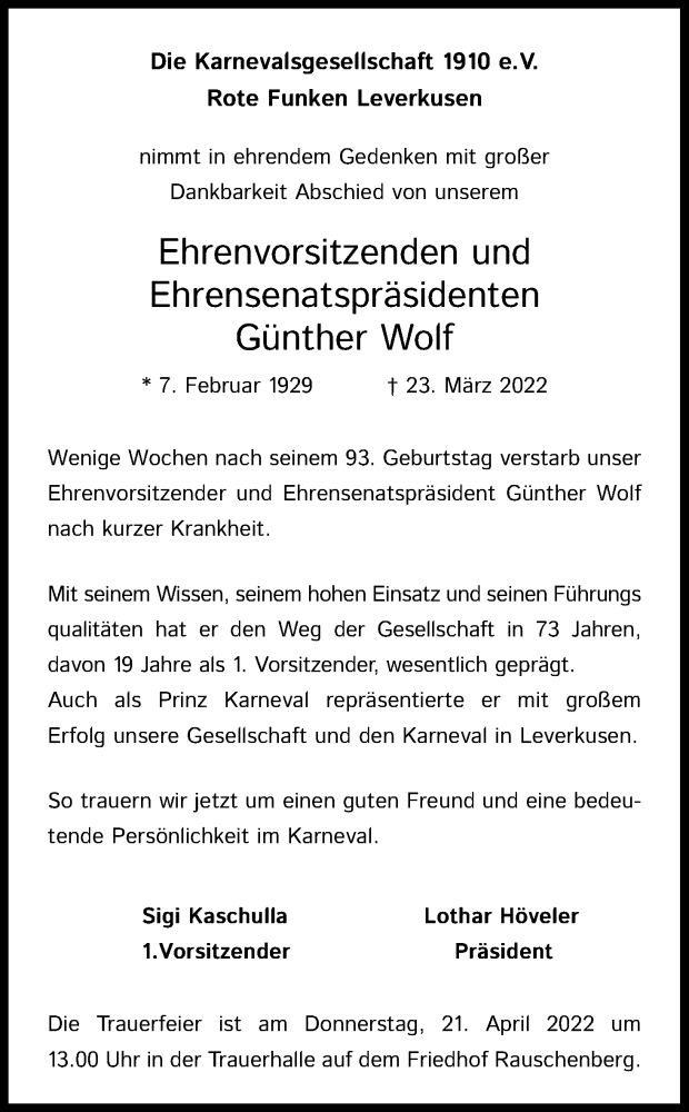  Traueranzeige für Günther Wolf vom 09.04.2022 aus Kölner Stadt-Anzeiger / Kölnische Rundschau / Express