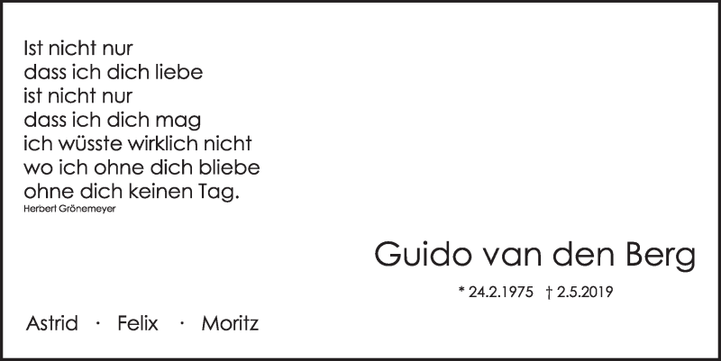  Traueranzeige für Guido van den Berg  vom 29.04.2022 aus  Werbepost 