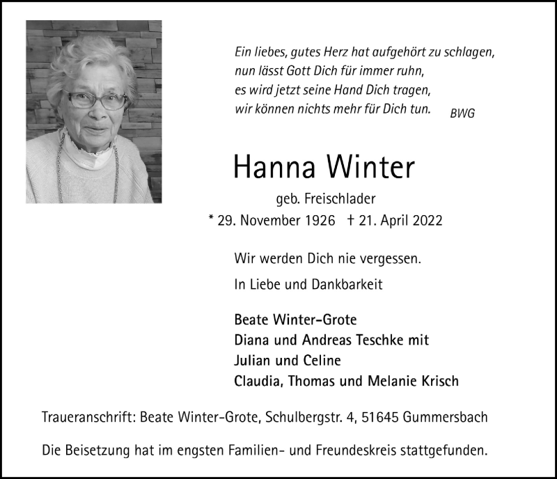  Traueranzeige für Hanna Winter vom 29.04.2022 aus  Anzeigen Echo 