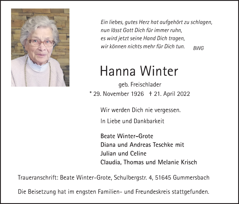  Traueranzeige für Hanna Winter vom 30.04.2022 aus Kölner Stadt-Anzeiger / Kölnische Rundschau / Express