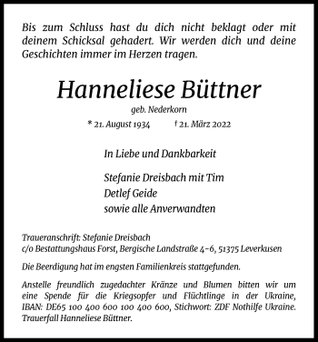 Anzeige von Hanneliese Büttner von Kölner Stadt-Anzeiger / Kölnische Rundschau / Express