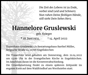 Anzeige von Hannelore Gruslewski von Kölner Stadt-Anzeiger / Kölnische Rundschau / Express