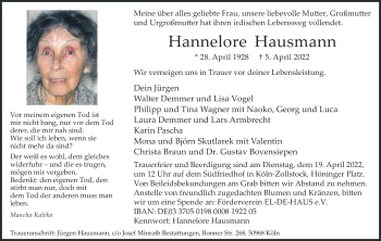 Anzeige von Hannelore Hausmann von Kölner Stadt-Anzeiger / Kölnische Rundschau / Express