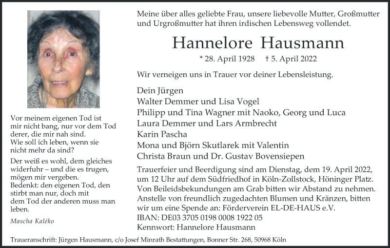  Traueranzeige für Hannelore Hausmann vom 09.04.2022 aus Kölner Stadt-Anzeiger / Kölnische Rundschau / Express
