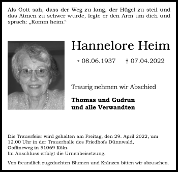 Anzeige von Hannelore Heim von Kölner Stadt-Anzeiger / Kölnische Rundschau / Express