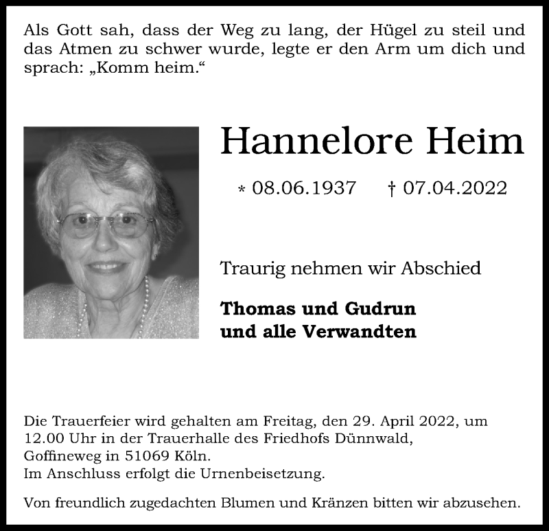  Traueranzeige für Hannelore Heim vom 23.04.2022 aus Kölner Stadt-Anzeiger / Kölnische Rundschau / Express
