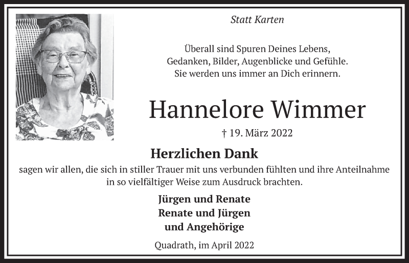  Traueranzeige für Hannelore Wimmer vom 29.04.2022 aus  Werbepost 