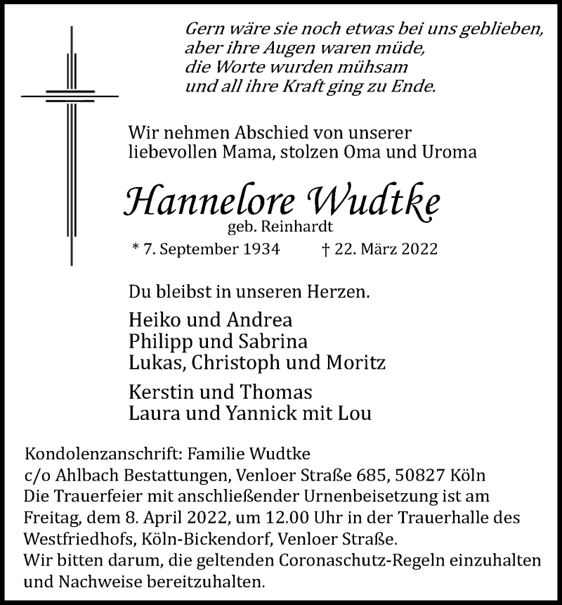  Traueranzeige für Hannelore Wudtke vom 02.04.2022 aus Kölner Stadt-Anzeiger / Kölnische Rundschau / Express
