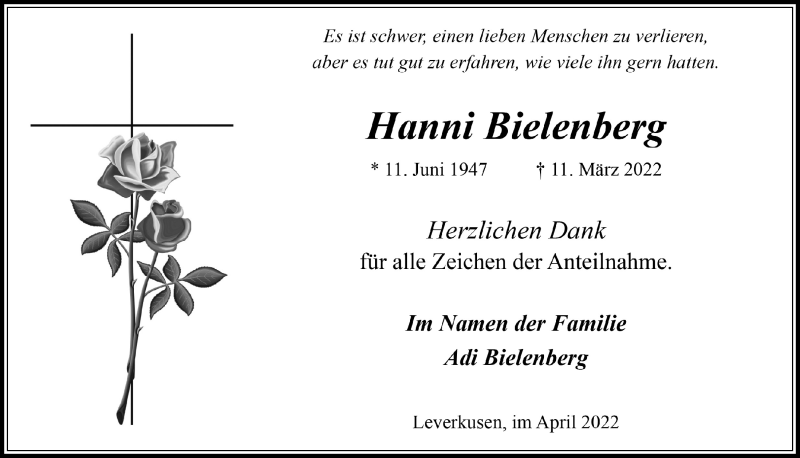  Traueranzeige für Hanni Bielenberg vom 29.04.2022 aus  Lokale Informationen 