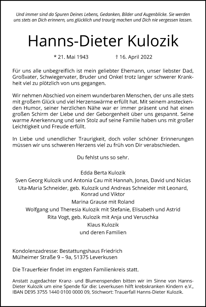  Traueranzeige für Hanns-Dieter Kulozik vom 30.04.2022 aus Kölner Stadt-Anzeiger / Kölnische Rundschau / Express